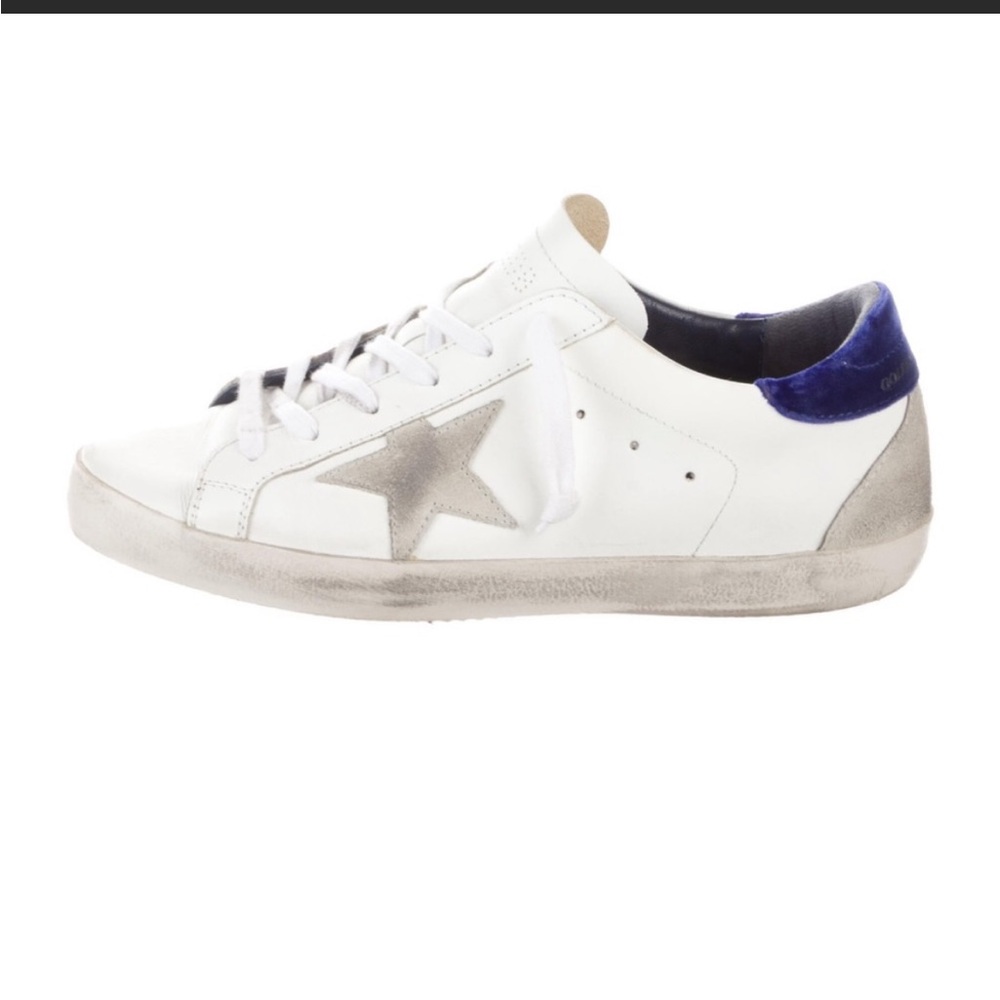 Golden Goose Superstars, white, blue velvet heel, excellent condition